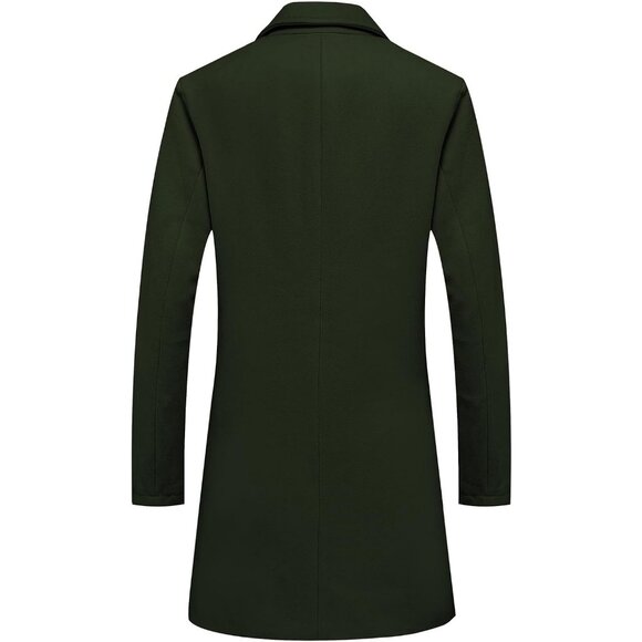 Men's Green Classic Wool Blend Single-Breasted Trench Coat Mid-Length Overcoat - Picture 2 of 6